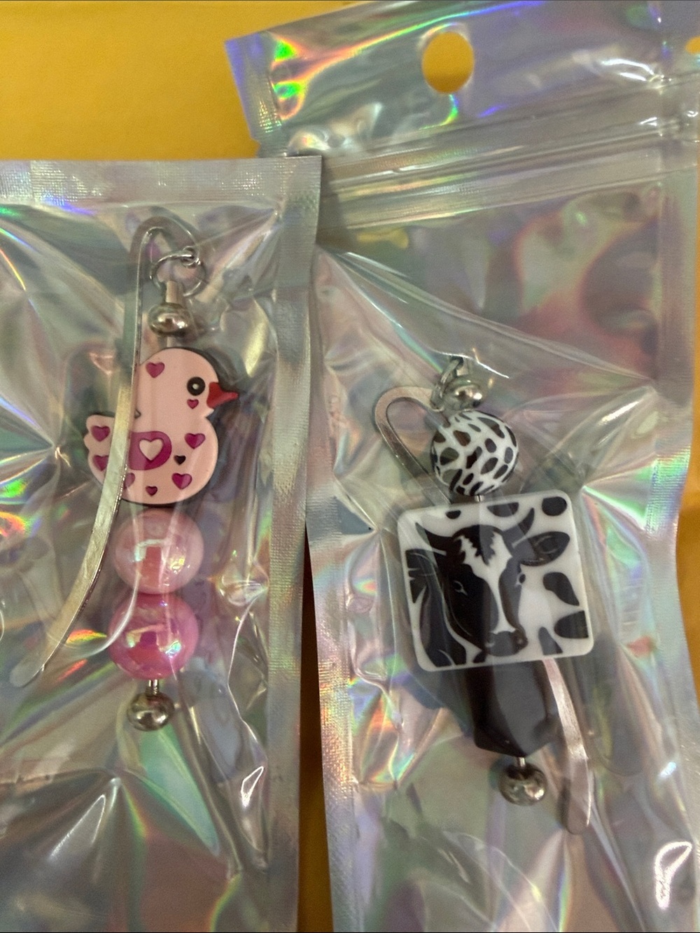 Cute Pink Heart duck and Black & White Cow Beaded Book marks. Handmade